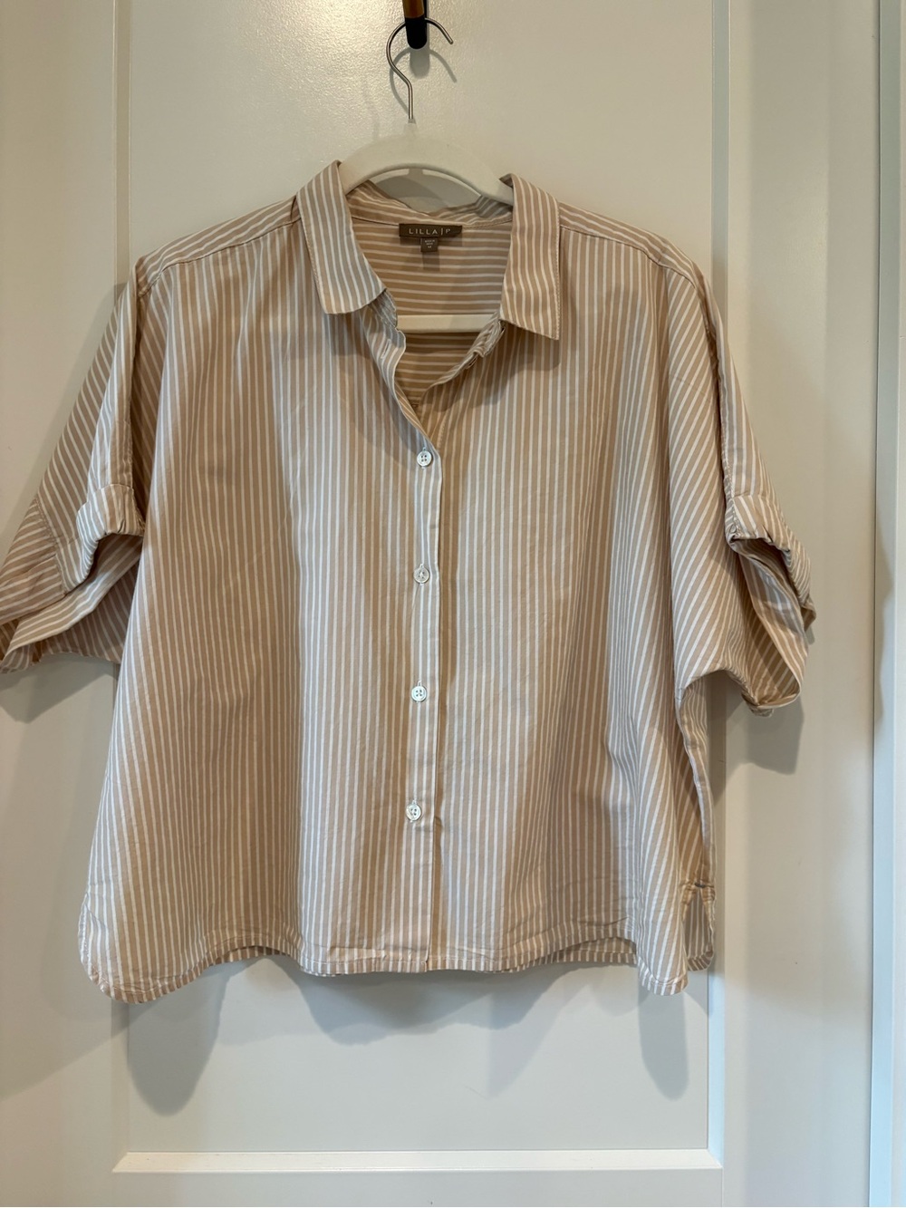 Lilla P 100% Cotton Collared Button-Front Striped Shirt - Beige & White
